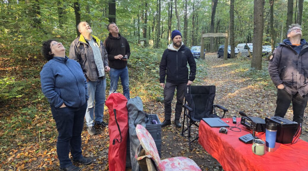 Funkamateure des Ortsverband Schleswig blicken in die Bäume um ihre Drahtantenne zu begutachten